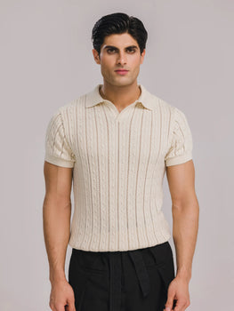 Ecru Resonance Cable Knit Polo in Cannoli Cream, image 1