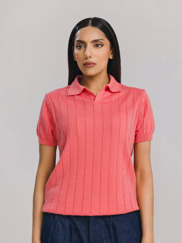 Roseline Drop-Needle Knit Polo in Tea Rose, image 1