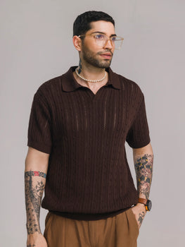 Twisted Hour Cable Knit Polo in Demitasse, image 1