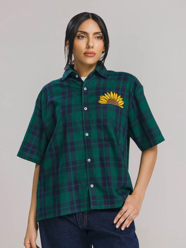 Sunrise Check Boxy Shirt in Classic Green and Navy Blue Plaid, image 1